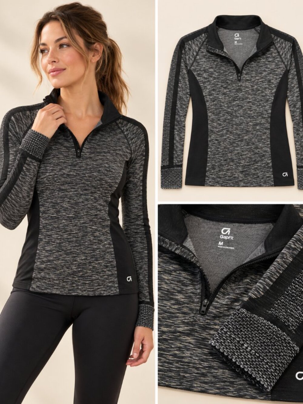 GapFit Women’s Black & Gray Space-Dye Quarter-Zip Athletic Top – Size Medium